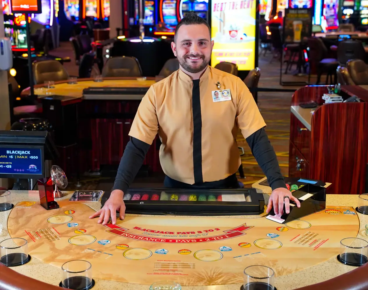 blackjack dealer on the Tortoise Rock Casino gaming floor